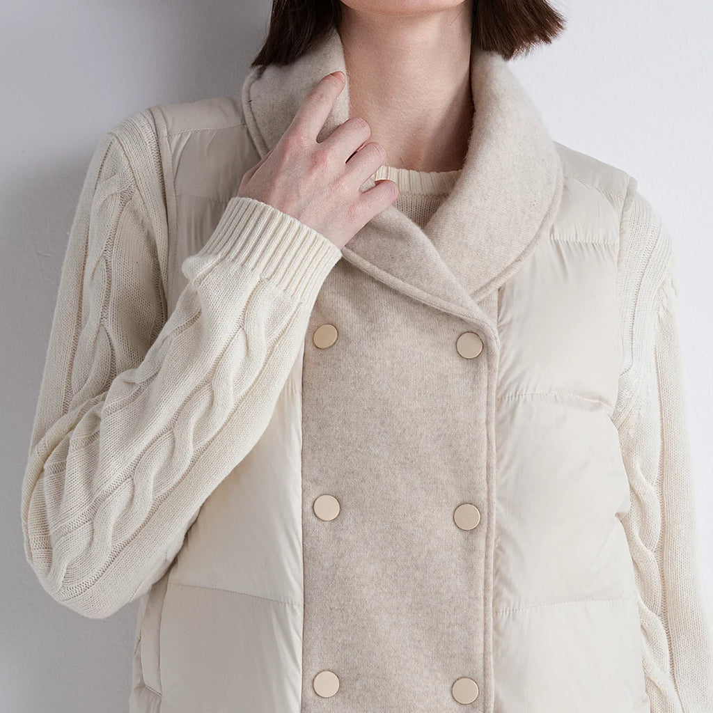TH852186 High-End Women’s Down Gilet LP 100% White Goose Down Vest Cashmere Knit Front Warm Short Puffer