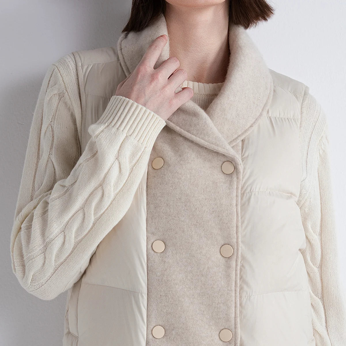 TH852186 High-End Women’s Down Gilet LP 100% White Goose Down Vest Cashmere Knit Front Warm Short Puffer