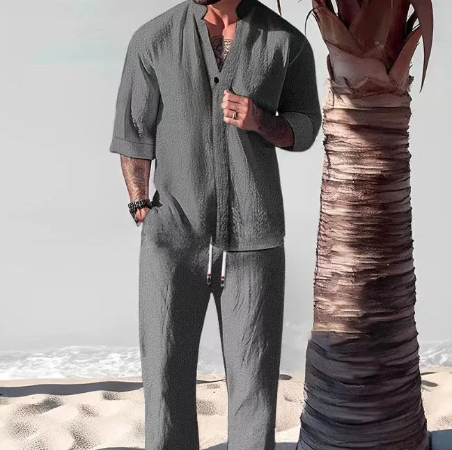 Men's Crinkled  Mid-Sleeve Two-Piece Set - Summer Oversized Loose Fit Casual Outfit & Breathable T-Shirt Combo