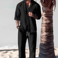 Men's Crinkled  Mid-Sleeve Two-Piece Set - Summer Oversized Loose Fit Casual Outfit & Breathable T-Shirt Combo