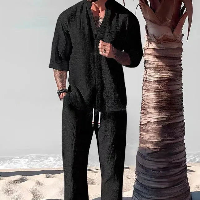 Men's Crinkled  Mid-Sleeve Two-Piece Set - Summer Oversized Loose Fit Casual Outfit & Breathable T-Shirt Combo