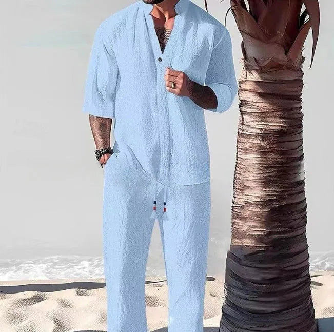 Men's Crinkled  Mid-Sleeve Two-Piece Set - Summer Oversized Loose Fit Casual Outfit & Breathable T-Shirt Combo