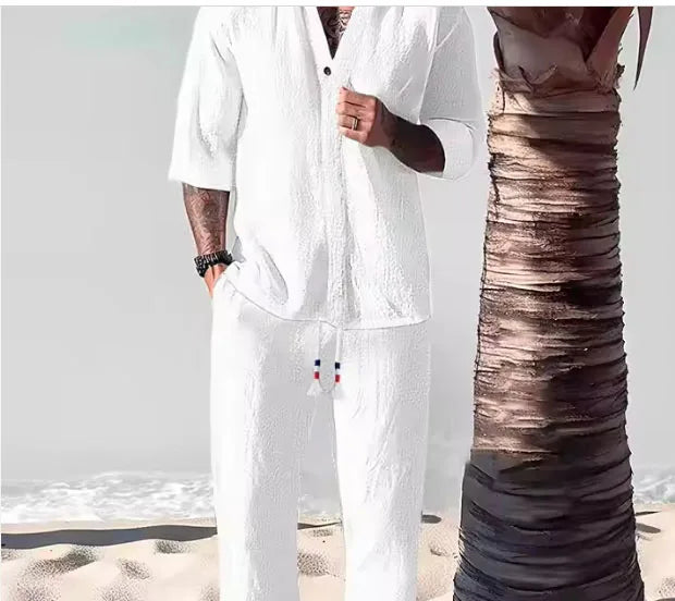 Men's Crinkled  Mid-Sleeve Two-Piece Set - Summer Oversized Loose Fit Casual Outfit & Breathable T-Shirt Combo