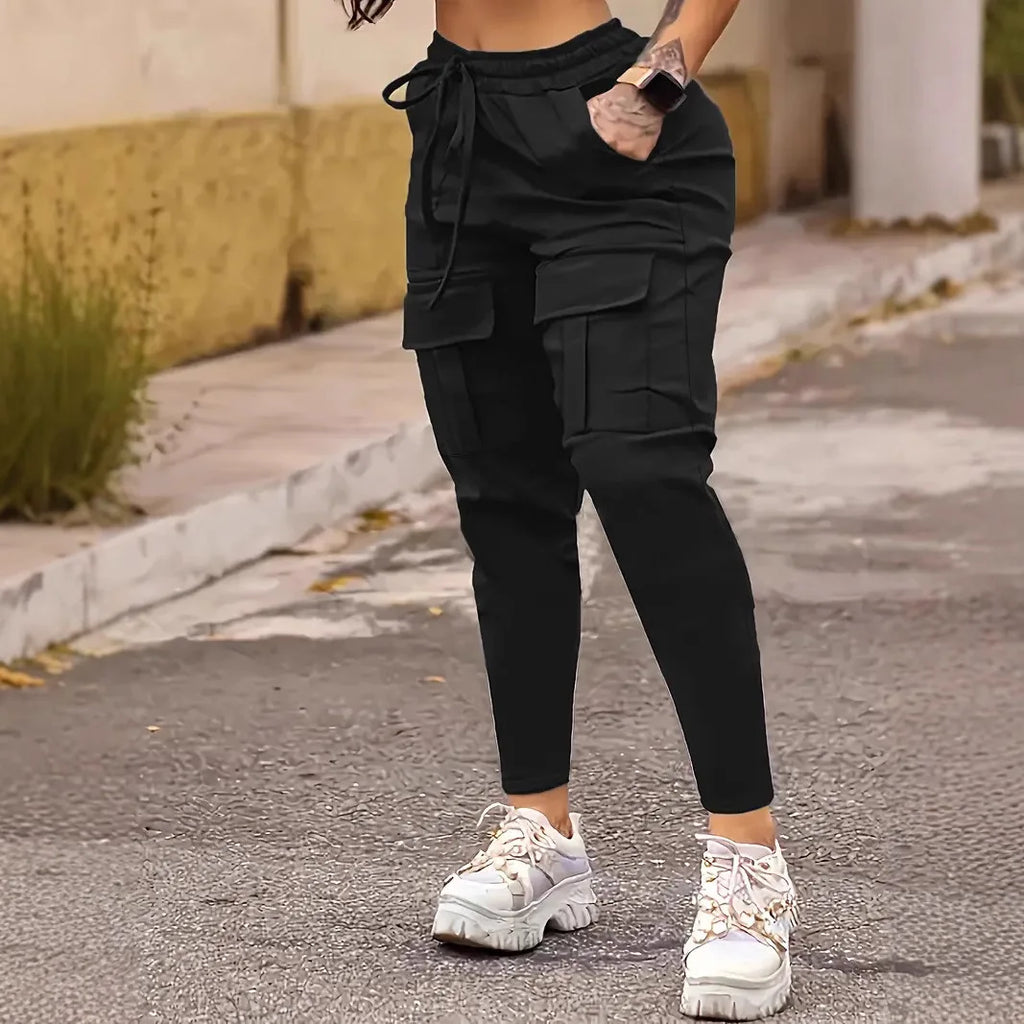 pantalons Drawstring Pocket Cargo Pants Women's Spring and Summer Versatile Solid Color Small Foot Sports Versatile Casual Pants