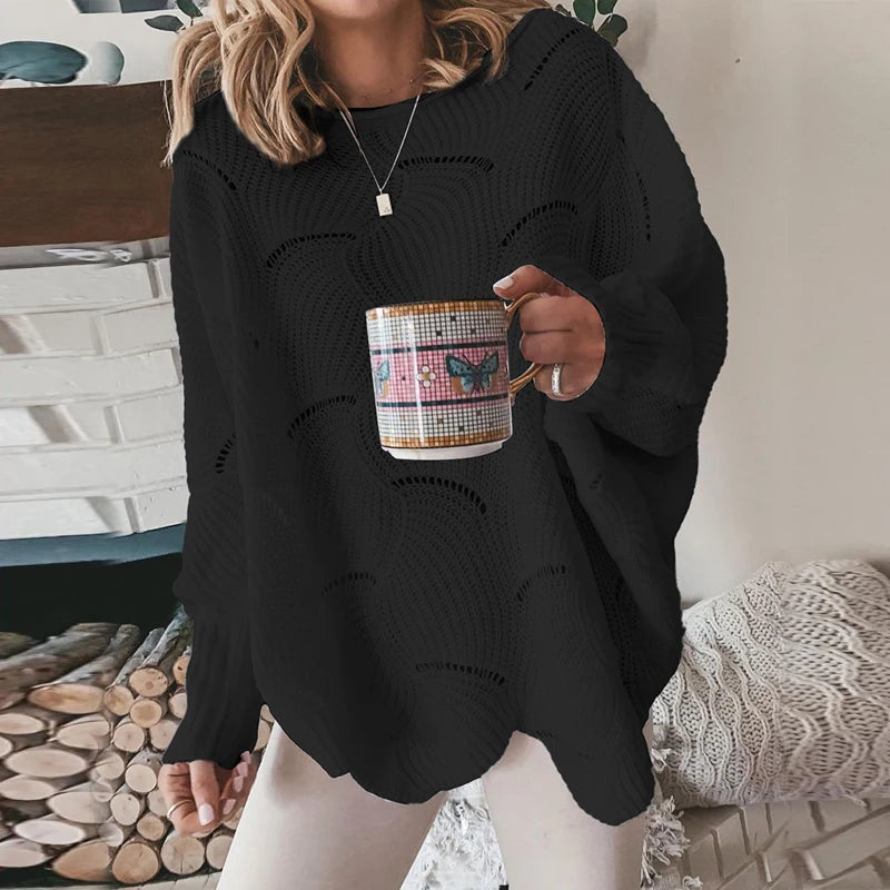 Women's Sweater 2022 Autumn Winter Elegant Hollow Out Loose Knitted Ladies Pullovers Casual Crew Neck Solid Lantern Sleeve Tops