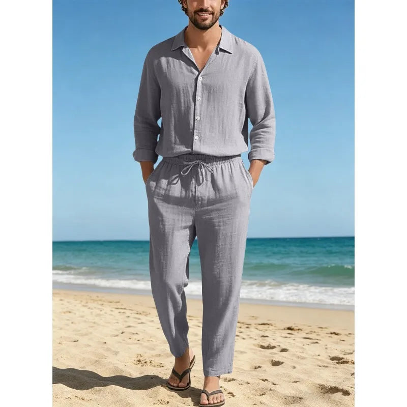 Men Linen 2 Piece Outfit Set Lapel Long Sleeve Sun Protection Shirt + Drawstring Loose Trousers Casual Beach Vacation Daily Suit