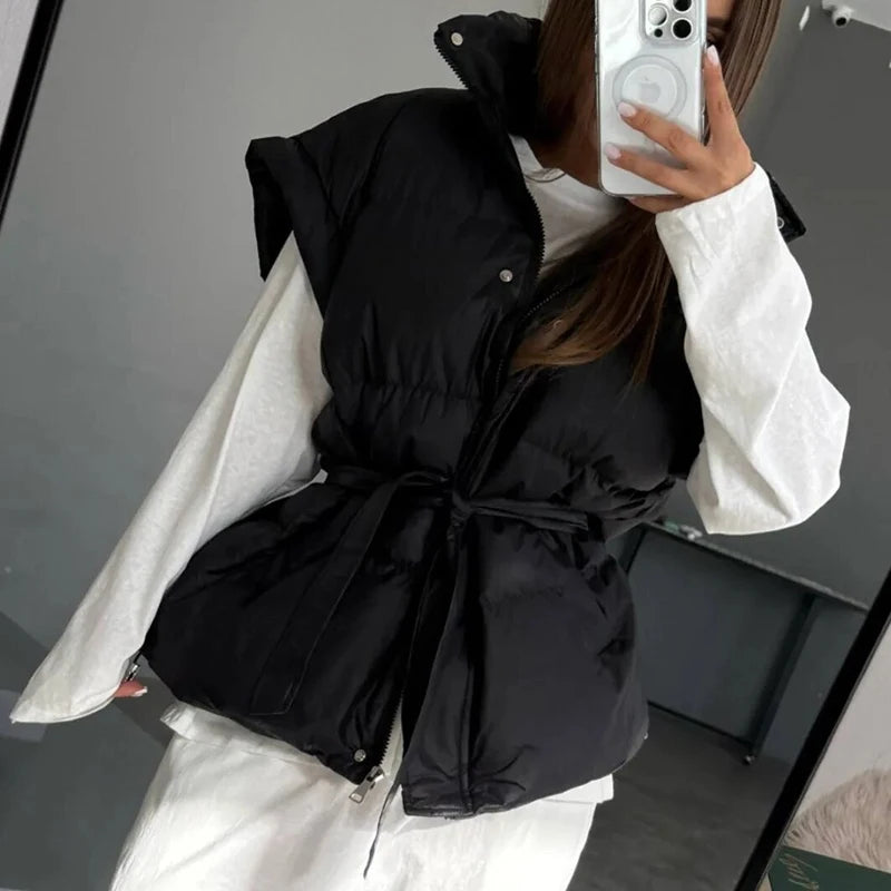 Women Stand Collar Belted Cotton Vest Sleeveless Slim Fit Quilted Waist Tie Down Cotton Gilet Warm Daily Waistcoat Outerwear