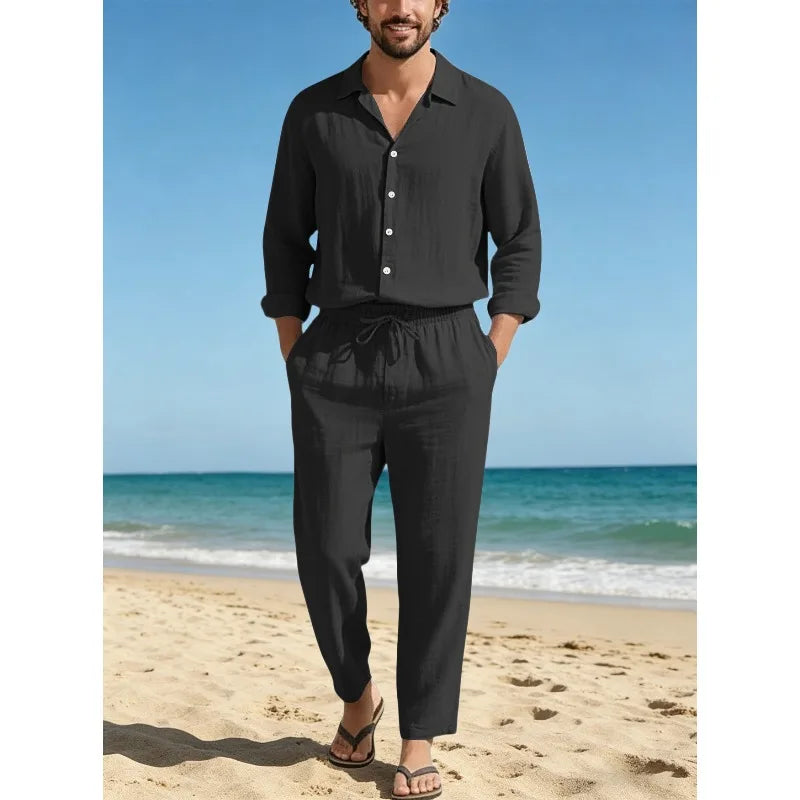 Men Linen 2 Piece Outfit Set Lapel Long Sleeve Sun Protection Shirt + Drawstring Loose Trousers Casual Beach Vacation Daily Suit