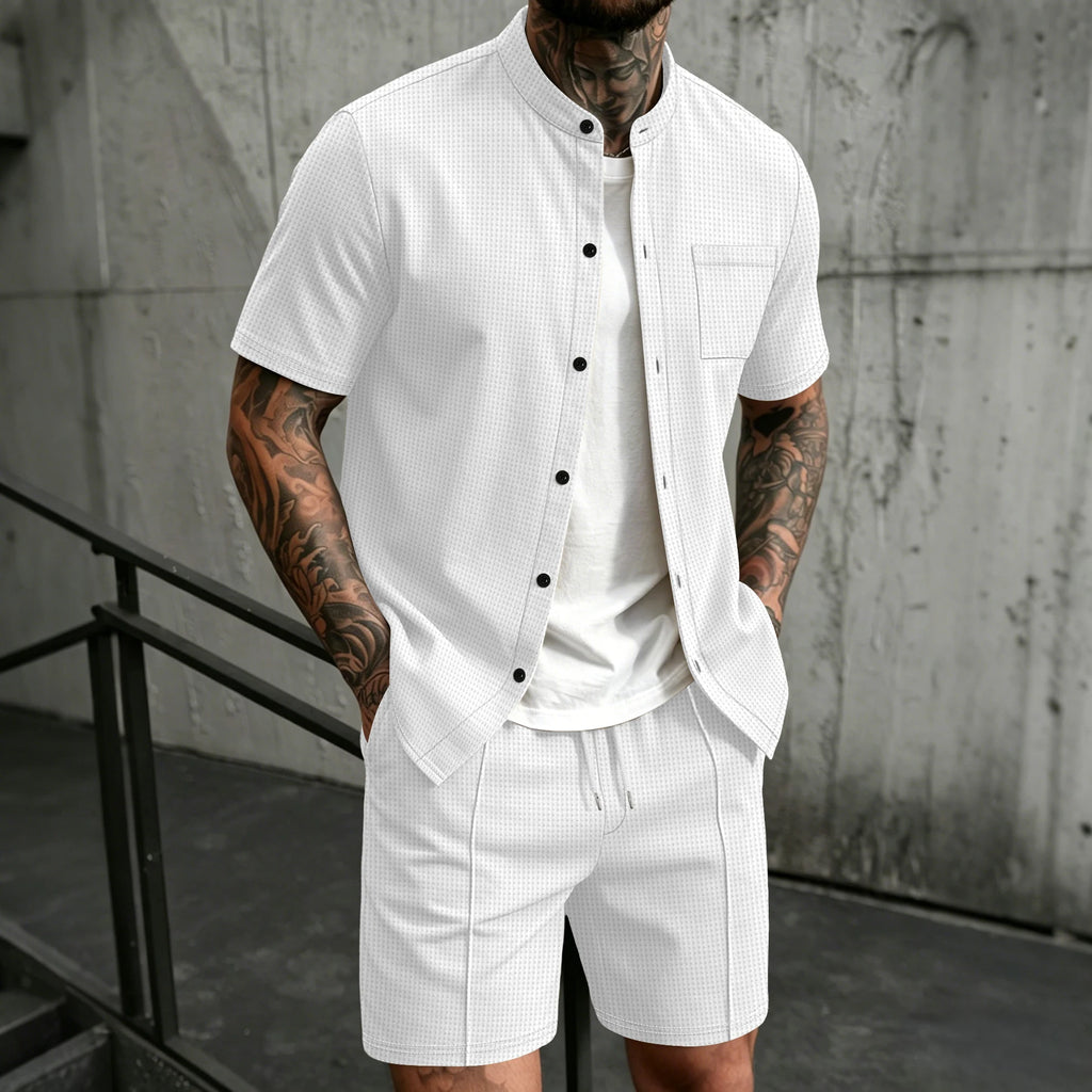 Men's 2 Piece Outfit, Stand Collar Short Sleeve Shirt with Chest Pocket and Drawstring Shorts, Casual Co Ord Set