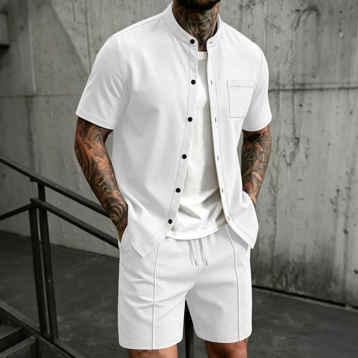 Men's 2 Piece Outfit, Stand Collar Short Sleeve Shirt with Chest Pocket and Drawstring Shorts, Casual Co Ord Set