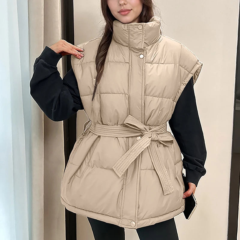 Women Stand Collar Belted Cotton Vest Sleeveless Slim Fit Quilted Waist Tie Down Cotton Gilet Warm Daily Waistcoat Outerwear