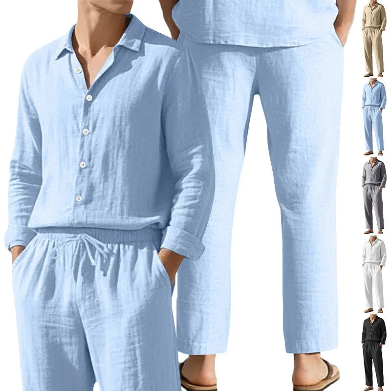 Men Linen 2 Piece Outfit Set Lapel Long Sleeve Sun Protection Shirt + Drawstring Loose Trousers Casual Beach Vacation Daily Suit