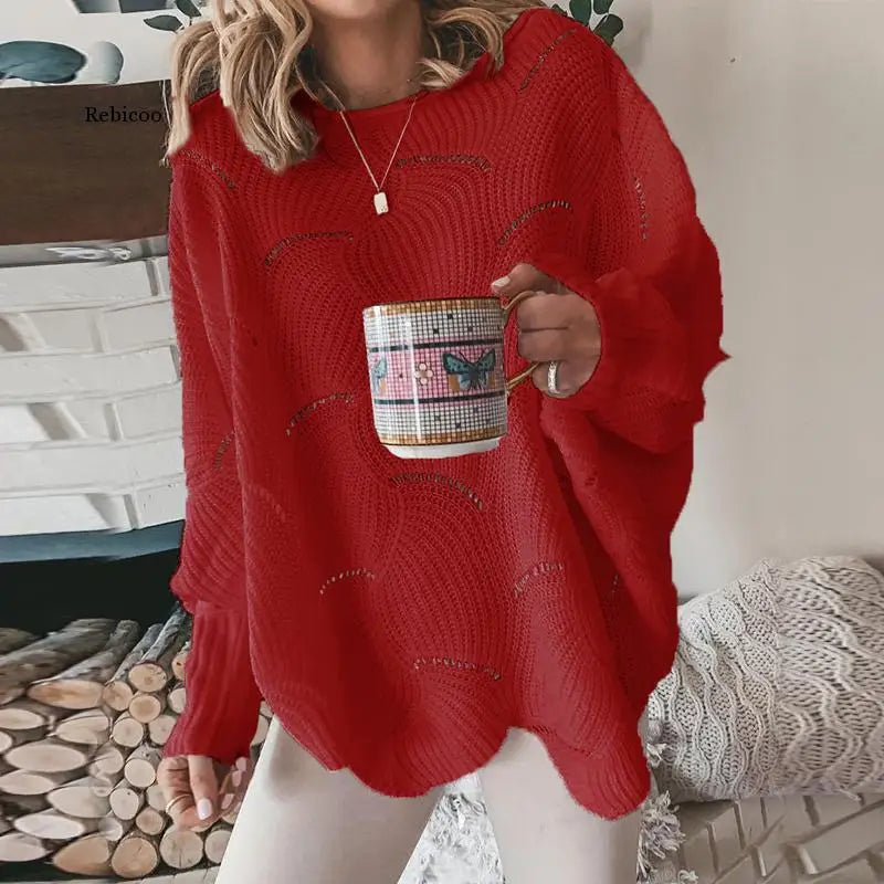 Women's Sweater 2022 Autumn Winter Elegant Hollow Out Loose Knitted Ladies Pullovers Casual Crew Neck Solid Lantern Sleeve Tops