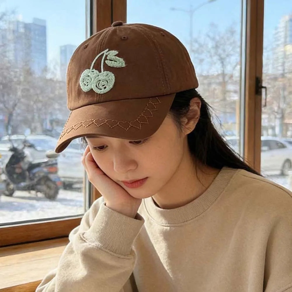 Casual Adjustable Cherry Baseball Cap Korean Style Sunscreen Embroidered Peaked Hat Hip-hop Versatile Sunshade Casquette Women
