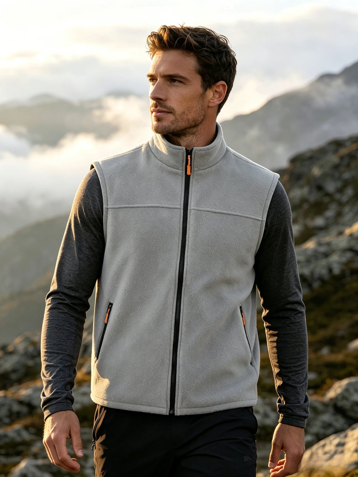 Lightweight Men Polar Fleece Gilet Full Zip Stand Collar Zipper Pockets Outdoor Hiking Sleeveless Vest For Spring Winter