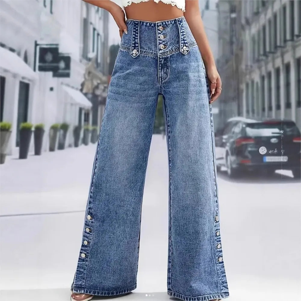 2026 Casual Jeans Pant Pantalones High Waist Wide Leg Trouser Women's Clothing Retro Street Style All-match Buttons Slit Fashion