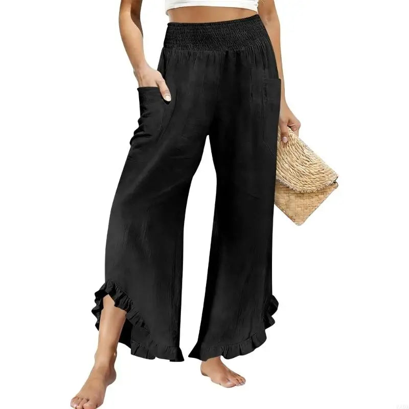 Pantalon Lino para Mujer Cropped Linen Pants Women Summer Casual Smocked Elastic Waist Ruffle Pants with Pockets 6XDA