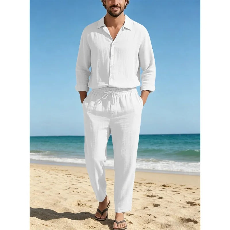 Men Linen 2 Piece Outfit Set Lapel Long Sleeve Sun Protection Shirt + Drawstring Loose Trousers Casual Beach Vacation Daily Suit