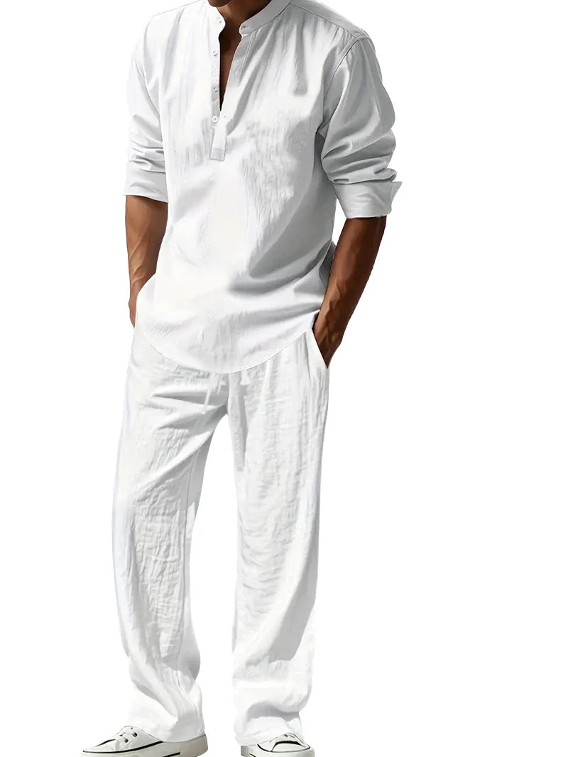 Men's White Linen Suit Set Long Sleeve Henley Shirt and Elastic Waist Pants Two Piece Outfit Summer Casual Comfortable