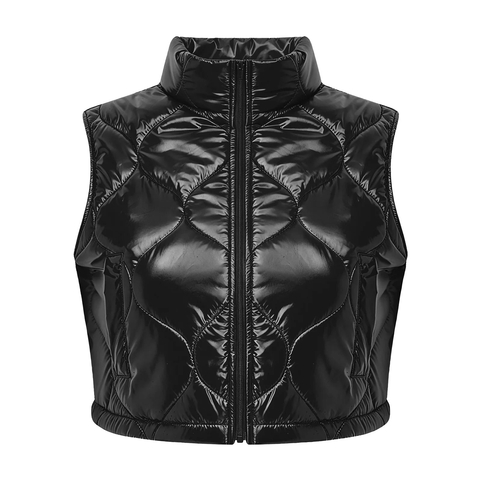 Shiny Glossy Quilted Cropped Puffer Gilet Women Sleeveless Stand Collar Zipper  Tank Top Padded Vest Street Outerwear Waistcoat