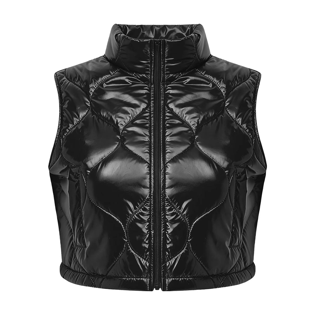 Womens Stand Collar Cropped Puffer Vest Daily Outer Gilet Shiny Quilted Front Zip-up Crop Tank Top Padded Warm Gilet Waistcoat