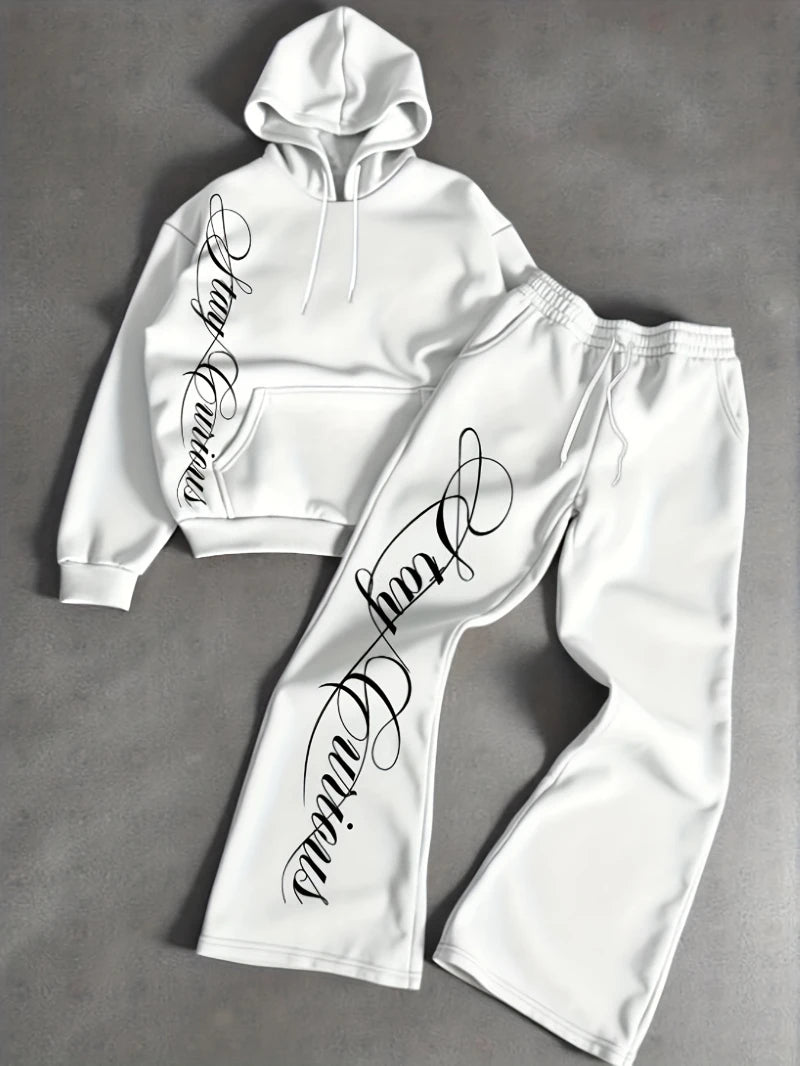 Men'S Print Casual Outfit Consisting Hoodie Joggers Print, Elastic Waistband, Drawstring, Regular Fit,Casual Pants Joggers