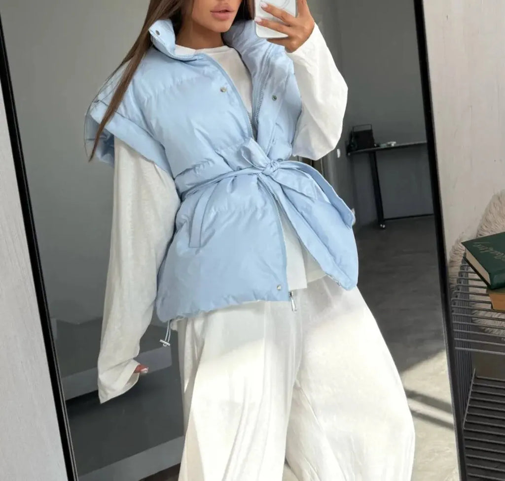 Women Stand Collar Belted Cotton Vest Sleeveless Slim Fit Quilted Waist Tie Down Cotton Gilet Warm Daily Waistcoat Outerwear