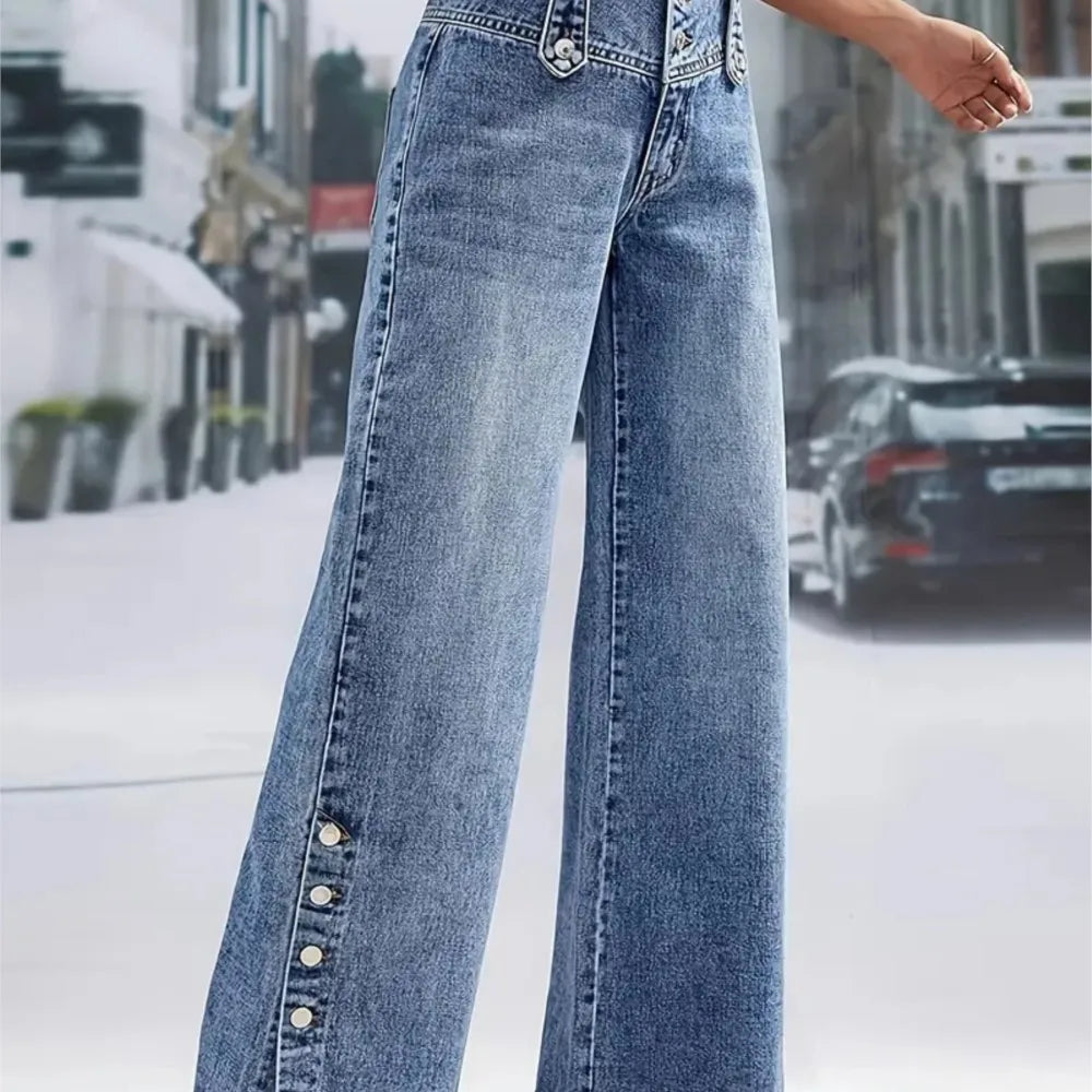 2026 Casual Jeans Pant Pantalones High Waist Wide Leg Trouser Women's Clothing Retro Street Style All-match Buttons Slit Fashion