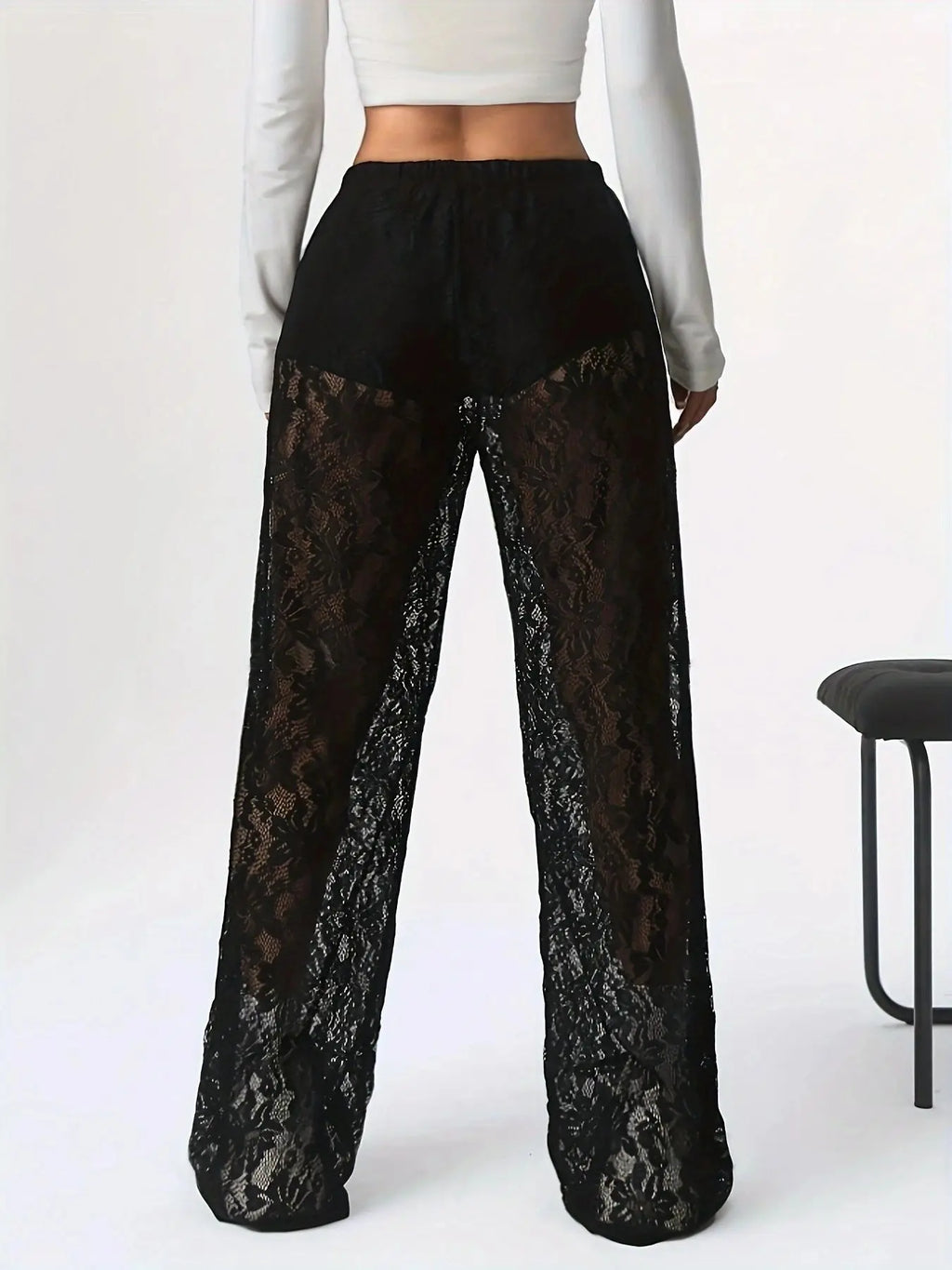 Pantalones De Mujer 2025 New Fashionable Personalized Solid Color Lace Jacquard Micro Transparent Straight Leg Casual Pants
