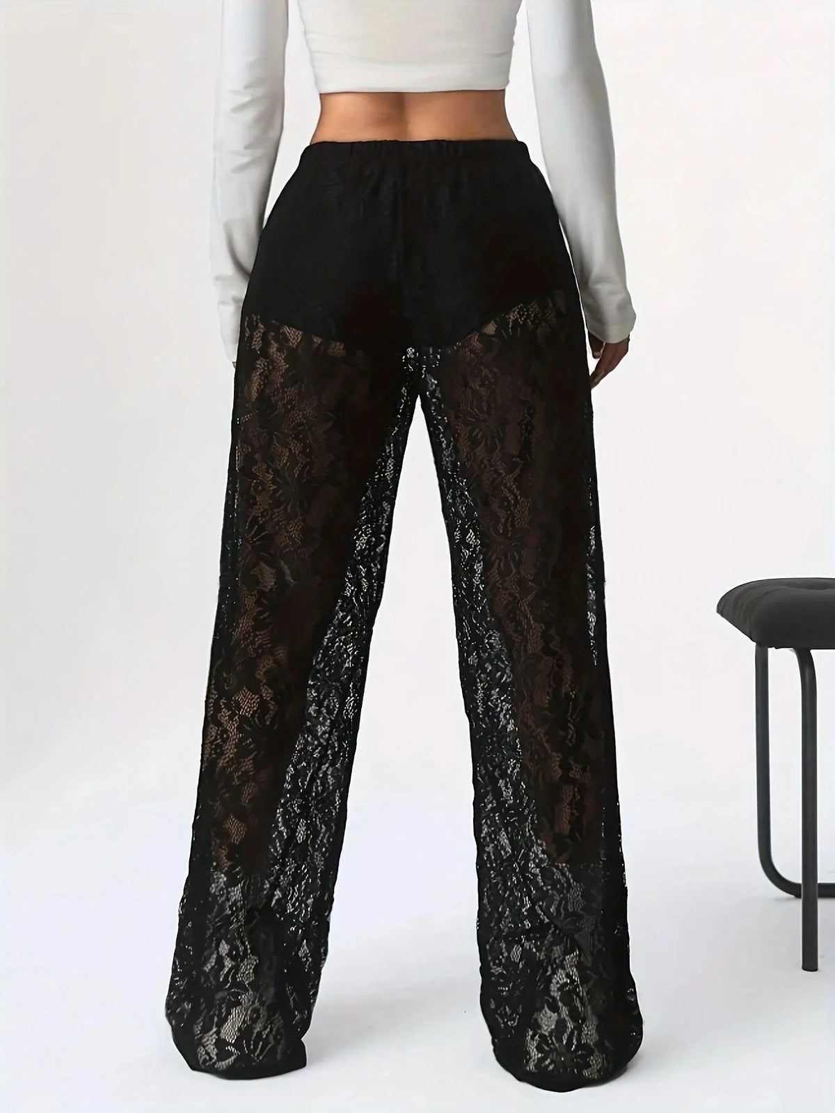 Pantalones De Mujer 2025 New Fashionable Personalized Solid Color Lace Jacquard Micro Transparent Straight Leg Casual Pants