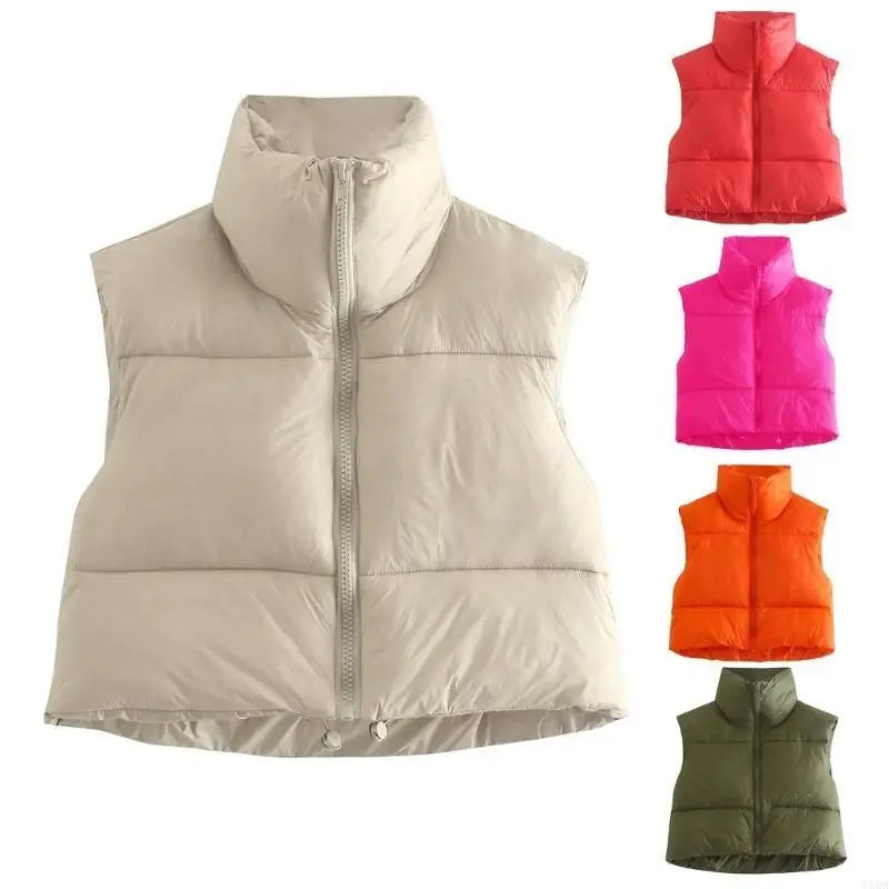 Women Winter Waistcoat Lightweight Sleeveless Stand Collar Zipper Up Crop Puffer Vest Outwear Quilted Padded Gilet 6XDA