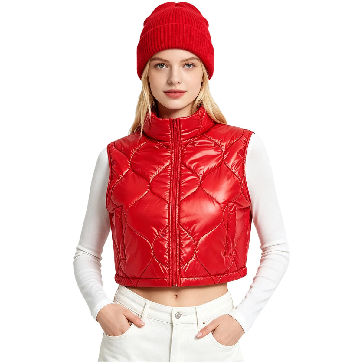 Shiny Glossy Quilted Cropped Puffer Gilet Women Sleeveless Stand Collar Zipper  Tank Top Padded Vest Street Outerwear Waistcoat