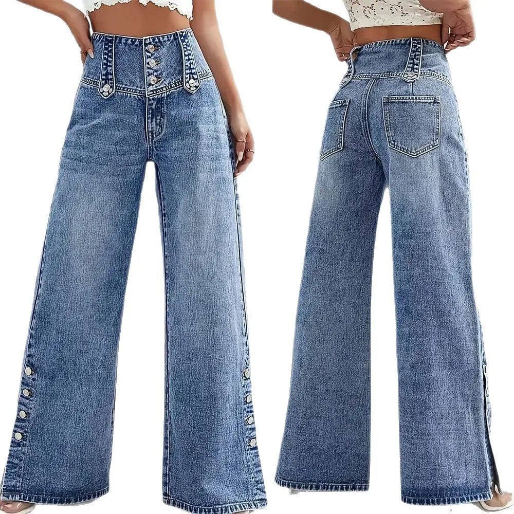 2026 Casual Jeans Pant Pantalones High Waist Wide Leg Trouser Women's Clothing Retro Street Style All-match Buttons Slit Fashion