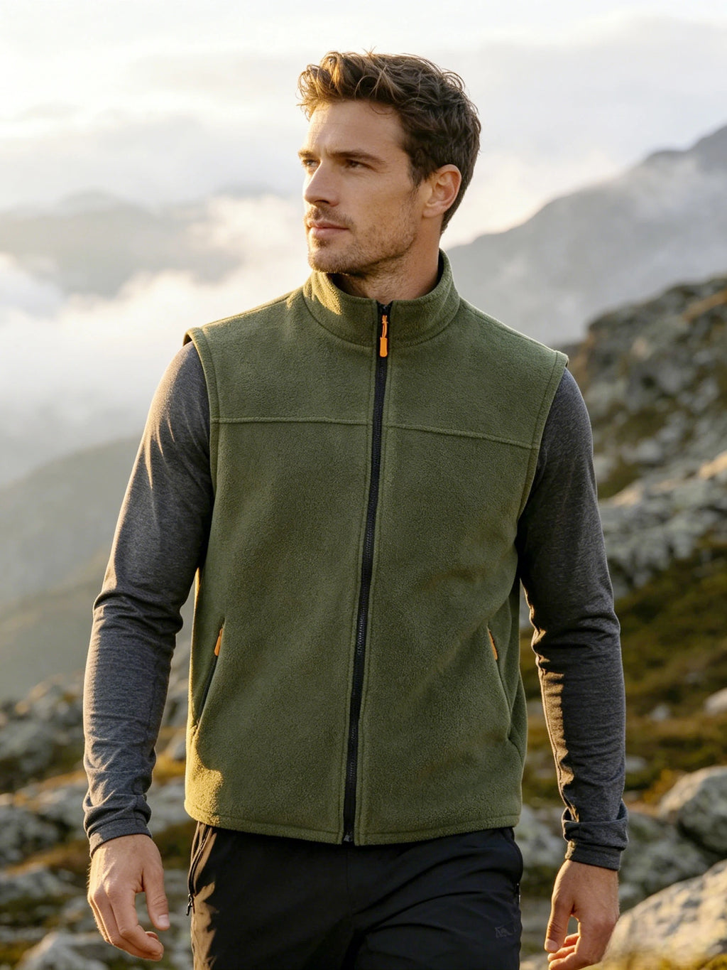 Lightweight Men Polar Fleece Gilet Full Zip Stand Collar Zipper Pockets Outdoor Hiking Sleeveless Vest For Spring Winter