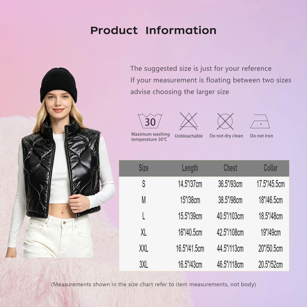 Womens Stand Collar Cropped Puffer Vest Daily Outer Gilet Shiny Quilted Front Zip-up Crop Tank Top Padded Warm Gilet Waistcoat