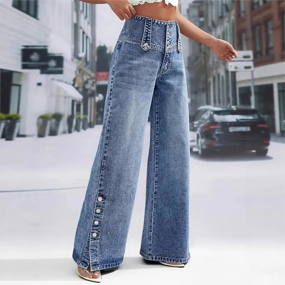 2026 Casual Jeans Pant Pantalones High Waist Wide Leg Trouser Women's Clothing Retro Street Style All-match Buttons Slit Fashion