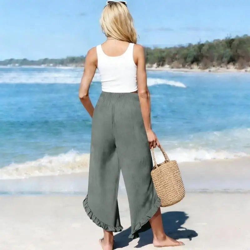 Pantalon Lino para Mujer Cropped Linen Pants Women Summer Casual Smocked Elastic Waist Ruffle Pants with Pockets 6XDA
