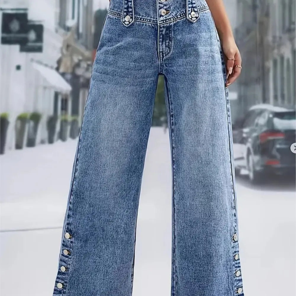 2026 Casual Jeans Pant Pantalones High Waist Wide Leg Trouser Women's Clothing Retro Street Style All-match Buttons Slit Fashion