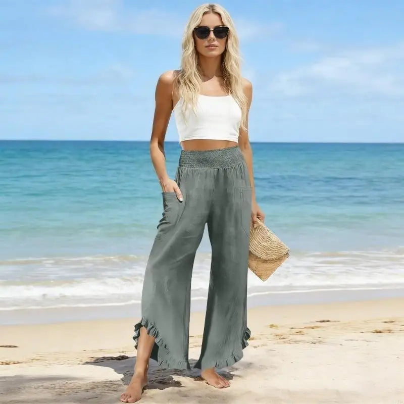 Pantalon Lino para Mujer Cropped Linen Pants Women Summer Casual Smocked Elastic Waist Ruffle Pants with Pockets 6XDA