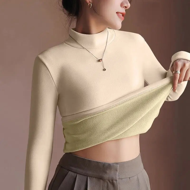 Women's Sweater Autumn Winter Retro with Velvet Lining Thickened Inner Wear Thermal Clothes Long-sleeved T-shirt Bottoming Shirt