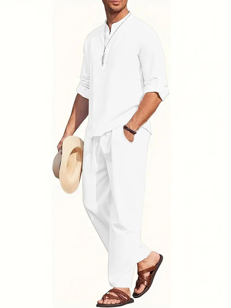 Men's White Linen Suit Set Long Sleeve Henley Shirt and Elastic Waist Pants Two Piece Outfit Summer Casual Comfortable