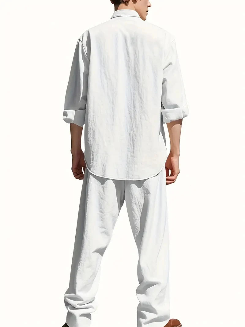 Men's White Linen Suit Set Long Sleeve Henley Shirt and Elastic Waist Pants Two Piece Outfit Summer Casual Comfortable
