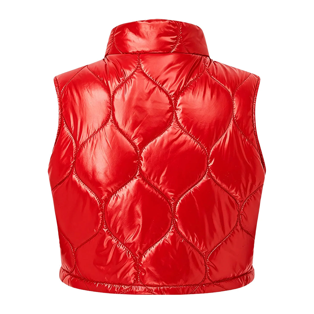 Shiny Glossy Quilted Cropped Puffer Gilet Women Sleeveless Stand Collar Zipper  Tank Top Padded Vest Street Outerwear Waistcoat
