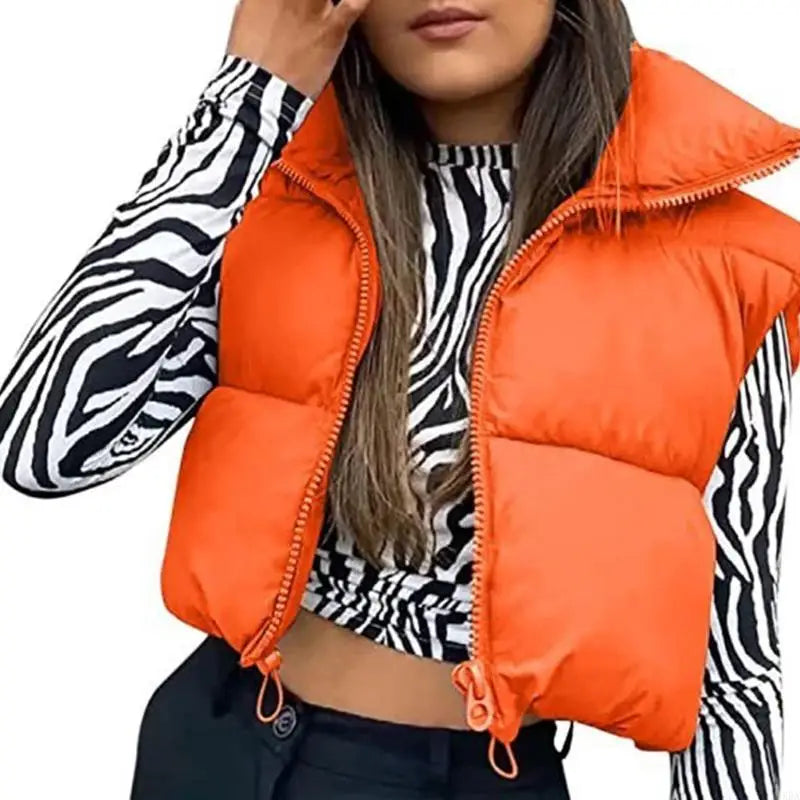 Women Winter Waistcoat Lightweight Sleeveless Stand Collar Zipper Up Crop Puffer Vest Outwear Quilted Padded Gilet 6XDA