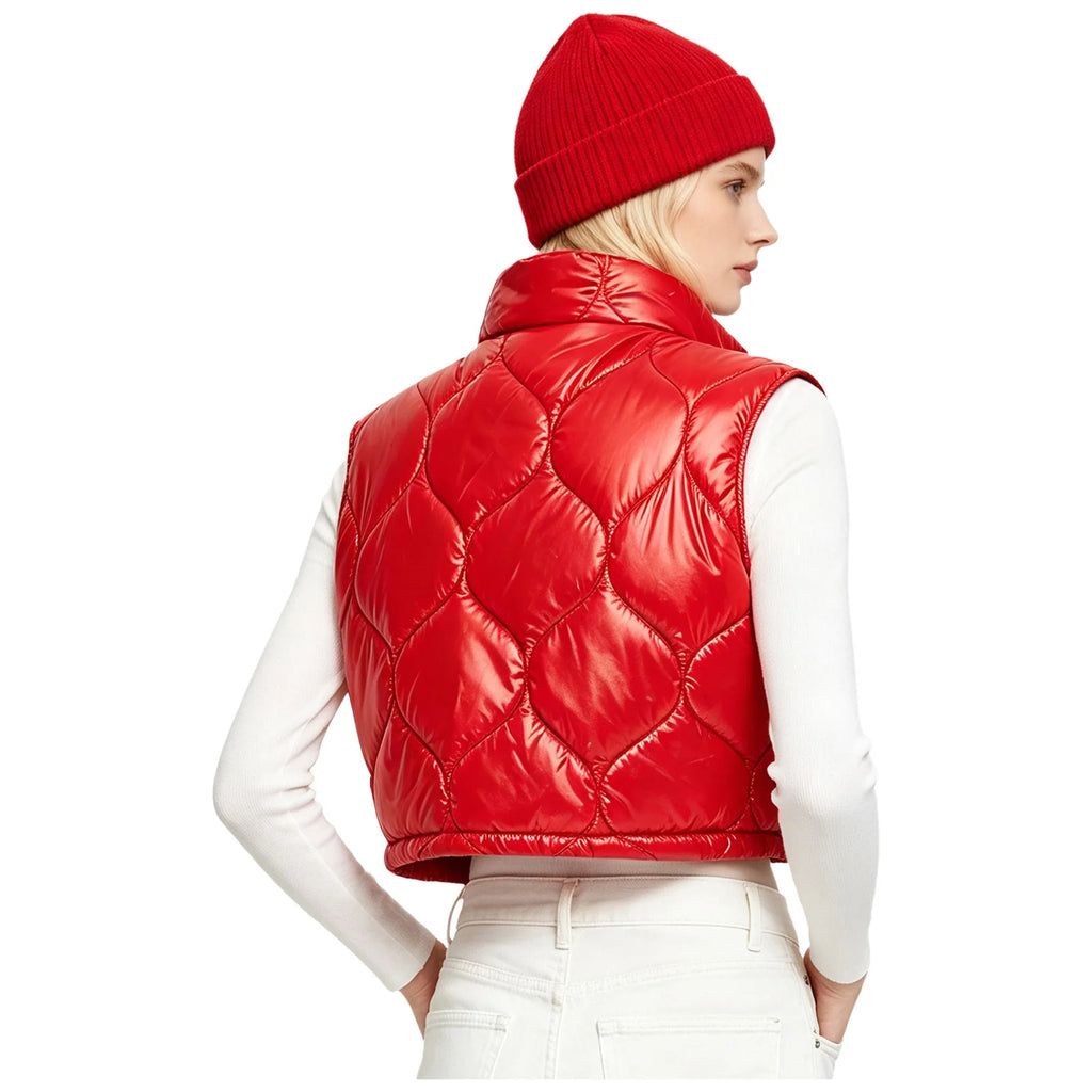 Shiny Glossy Quilted Cropped Puffer Gilet Women Sleeveless Stand Collar Zipper  Tank Top Padded Vest Street Outerwear Waistcoat