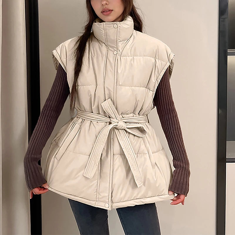 Women Stand Collar Belted Cotton Vest Sleeveless Slim Fit Quilted Waist Tie Down Cotton Gilet Warm Daily Waistcoat Outerwear