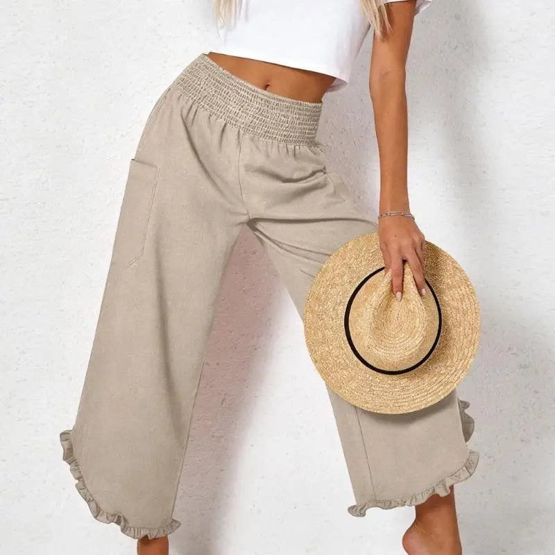 Pantalon Lino para Mujer Cropped Linen Pants Women Summer Casual Smocked Elastic Waist Ruffle Pants with Pockets 6XDA