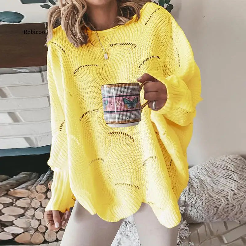 Women's Sweater 2022 Autumn Winter Elegant Hollow Out Loose Knitted Ladies Pullovers Casual Crew Neck Solid Lantern Sleeve Tops