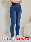 [Printed Pants - Not Denim Fabric] Printed Leggings - Non-Denim Fabric, Women's Trousers, Imitation Denim Printed Leggings for A