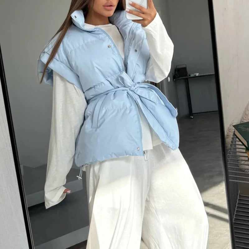 Women Stand Collar Belted Cotton Vest Sleeveless Slim Fit Quilted Waist Tie Down Cotton Gilet Warm Daily Waistcoat Outerwear